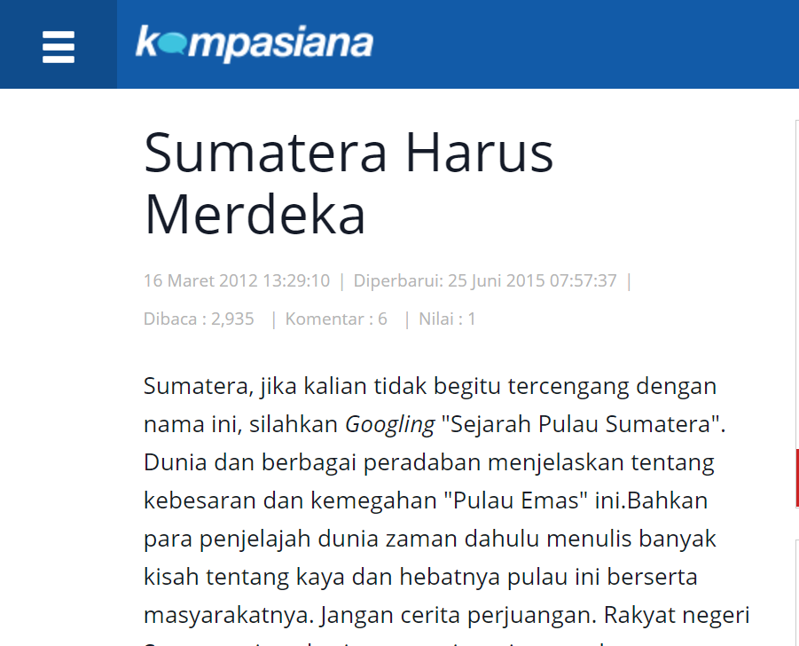 Sumatera Harus Merdeka, Kompasiana.com